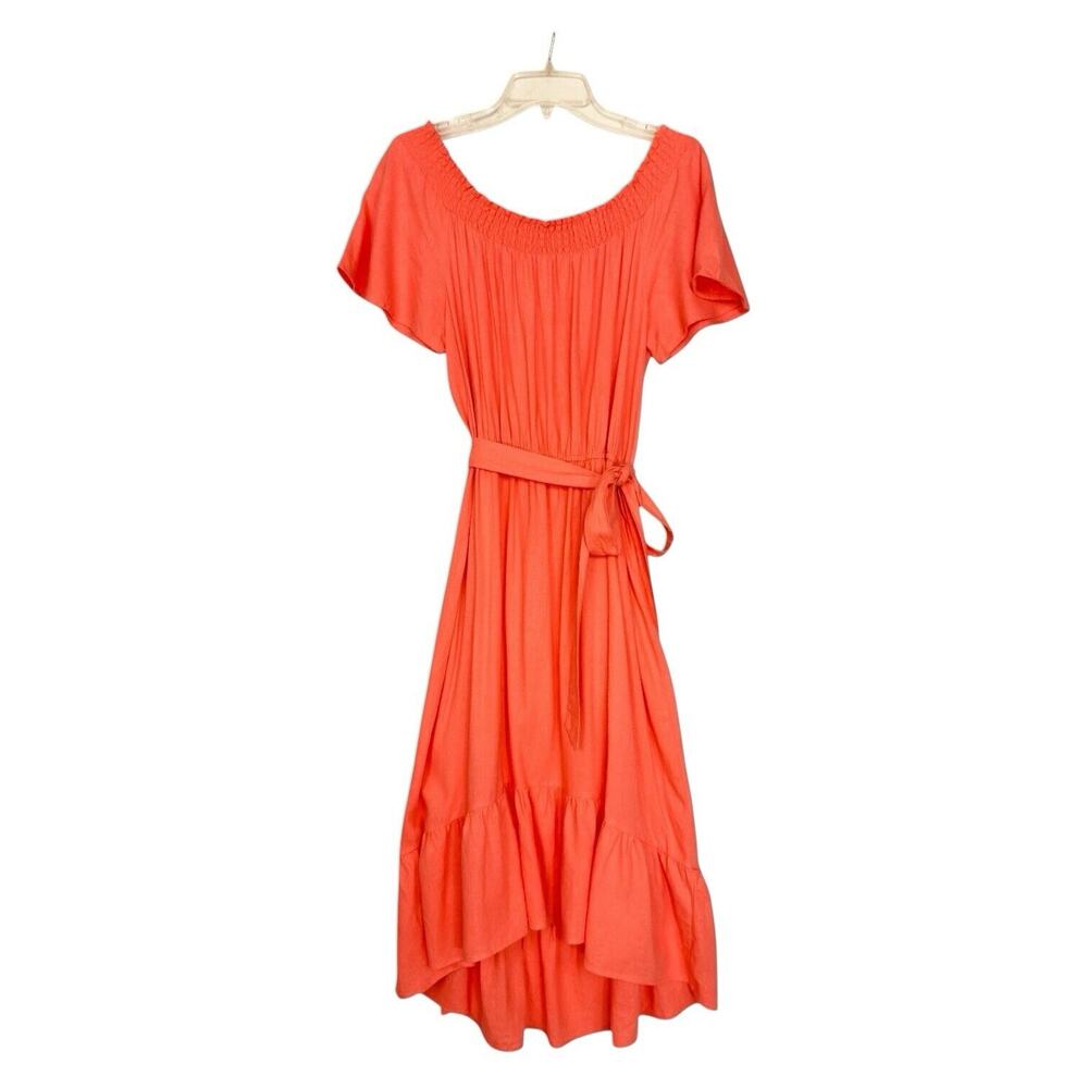 Asymmetric Ruffle Hem Midi Dress 10 Linen Blend Coral Coastal Summer